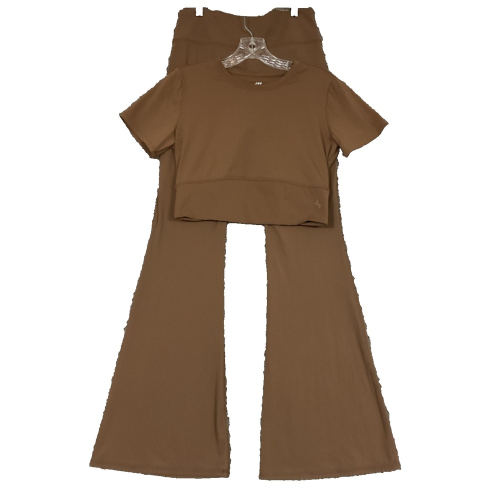 Joy Lab HighWaisted Ribbed Wide Bottom Legging Crop Top Activewear Set Caramel M